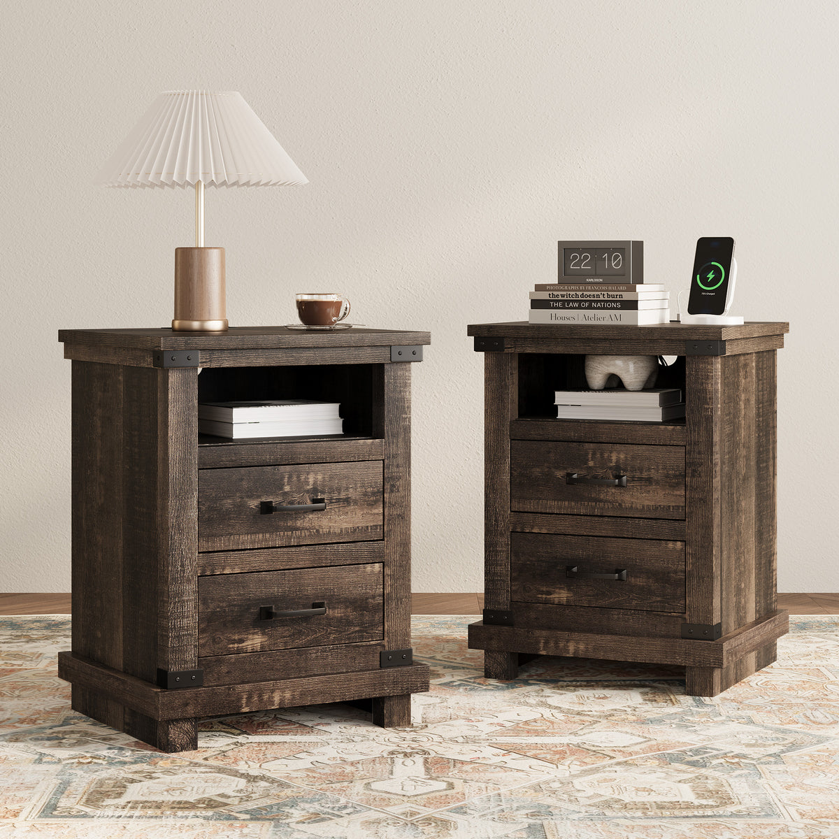 Lume Farmhouse Charging Nightstand Set Black Oak