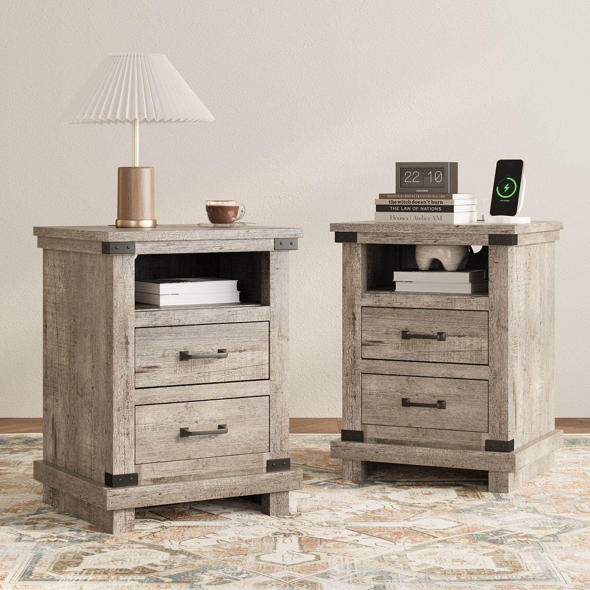 Lume Farmhouse Charging Nightstand Set Light Grey
