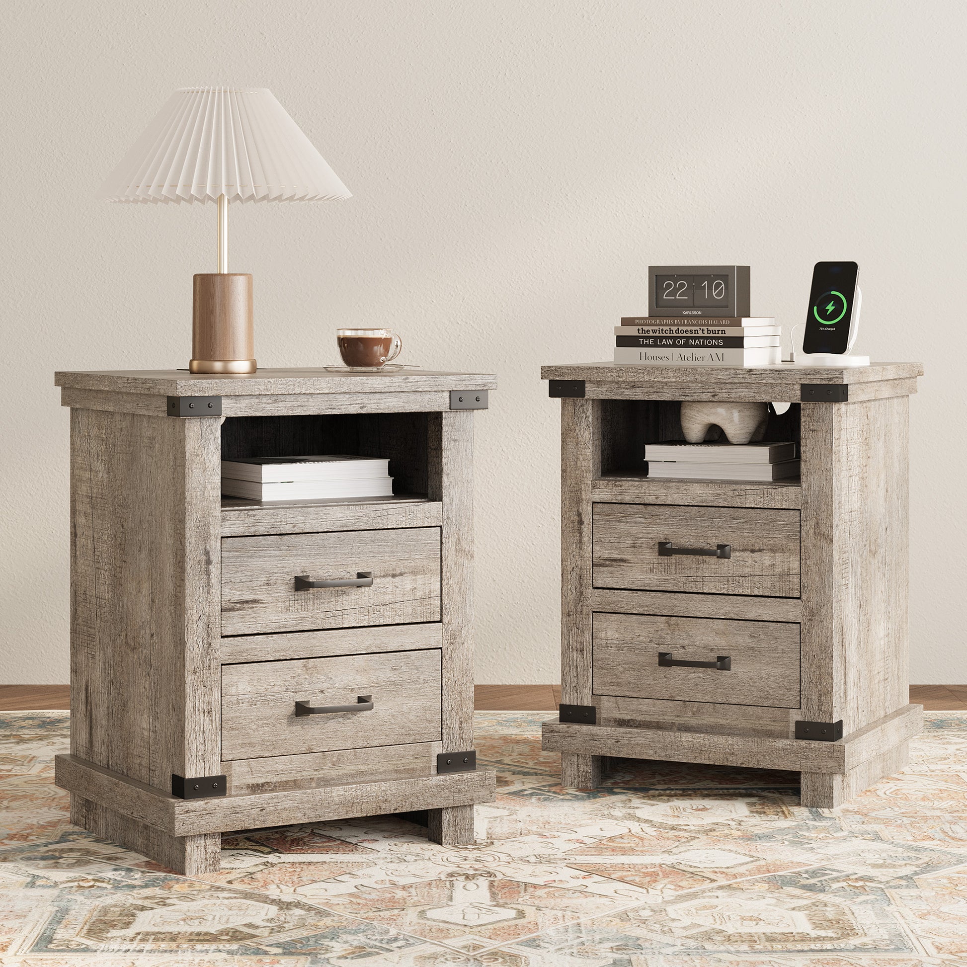 Lume Farmhouse Charging Nightstand Set Light Grey