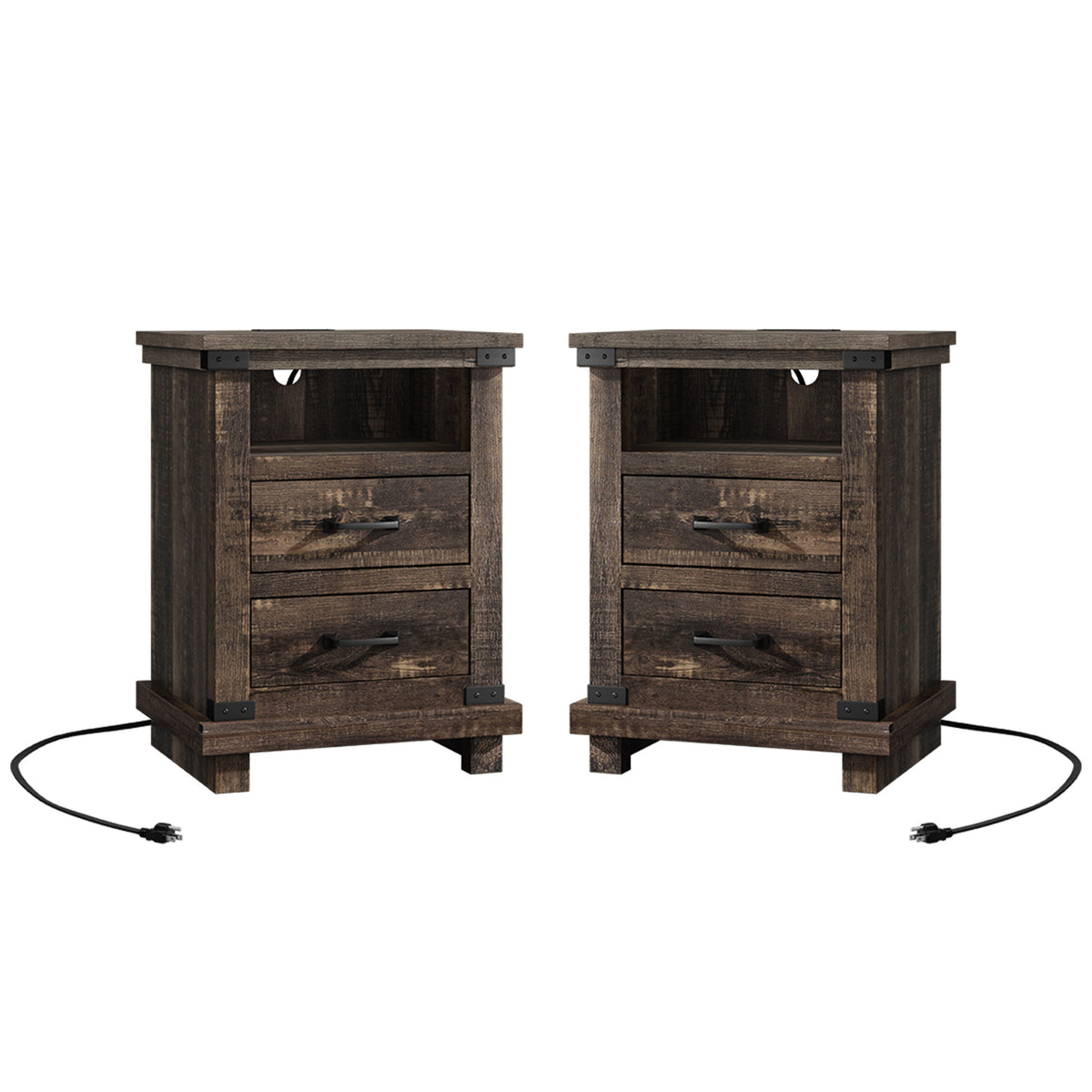 Lume Farmhouse Charging Nightstand Set Black Oak