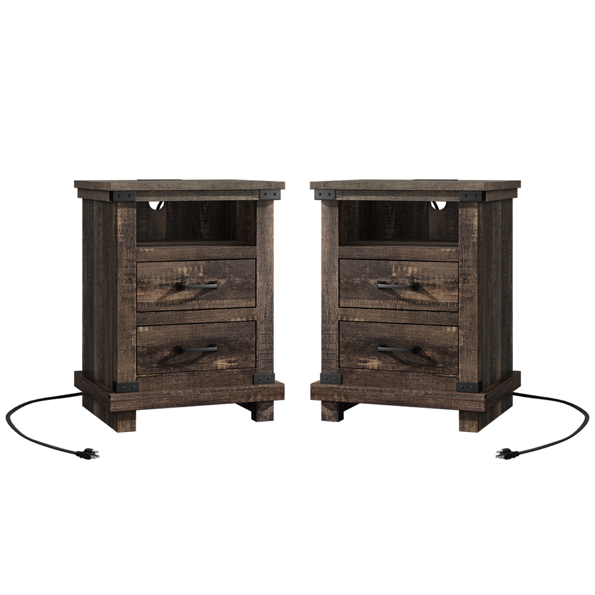 Lume Farmhouse Charging Nightstand Set Black Oak