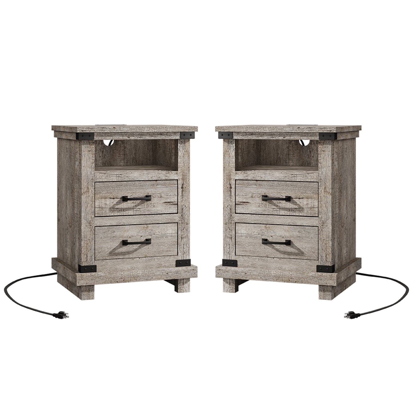 Lume Farmhouse Charging Nightstand Set Light Grey