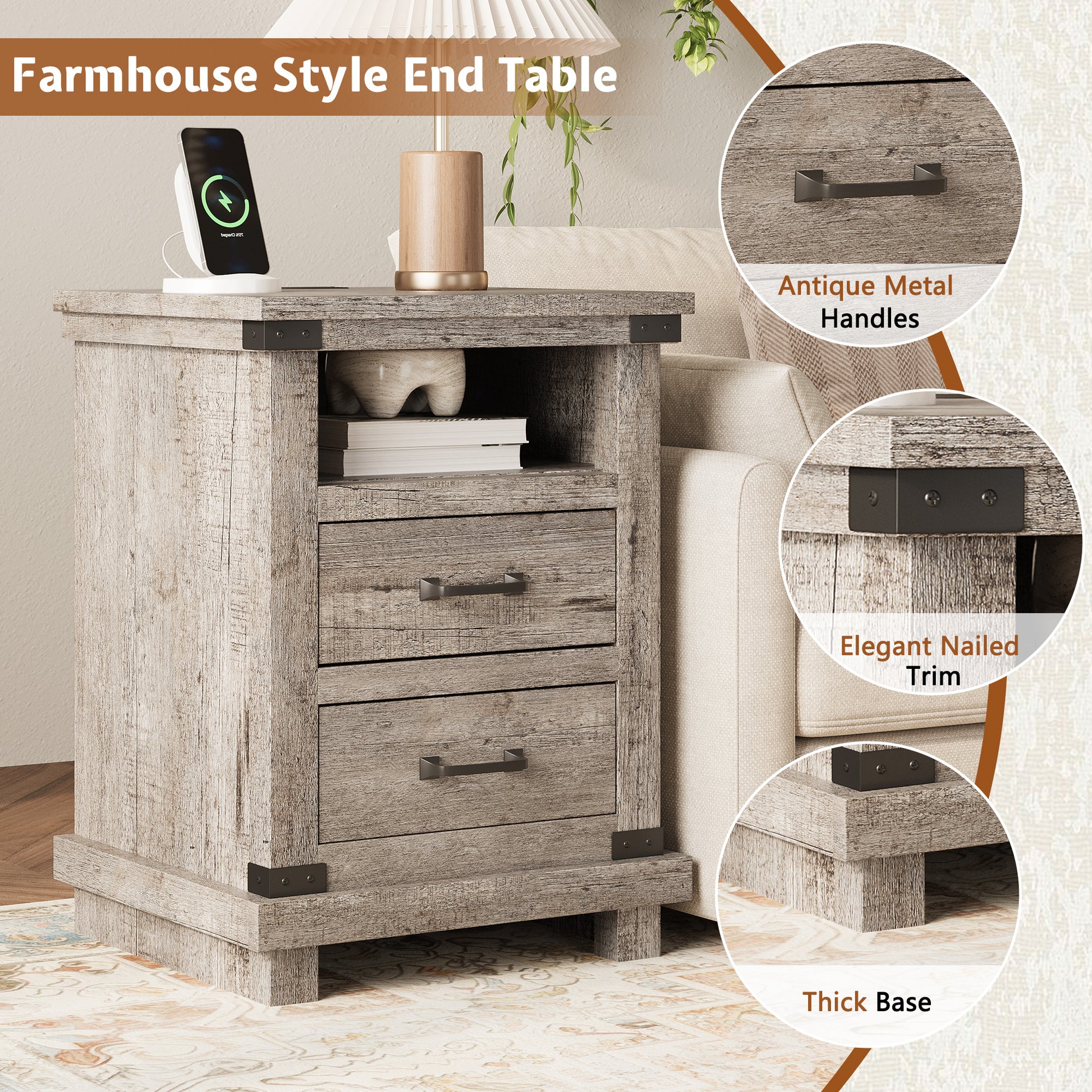 Lume Farmhouse Charging Nightstand Set Light Grey