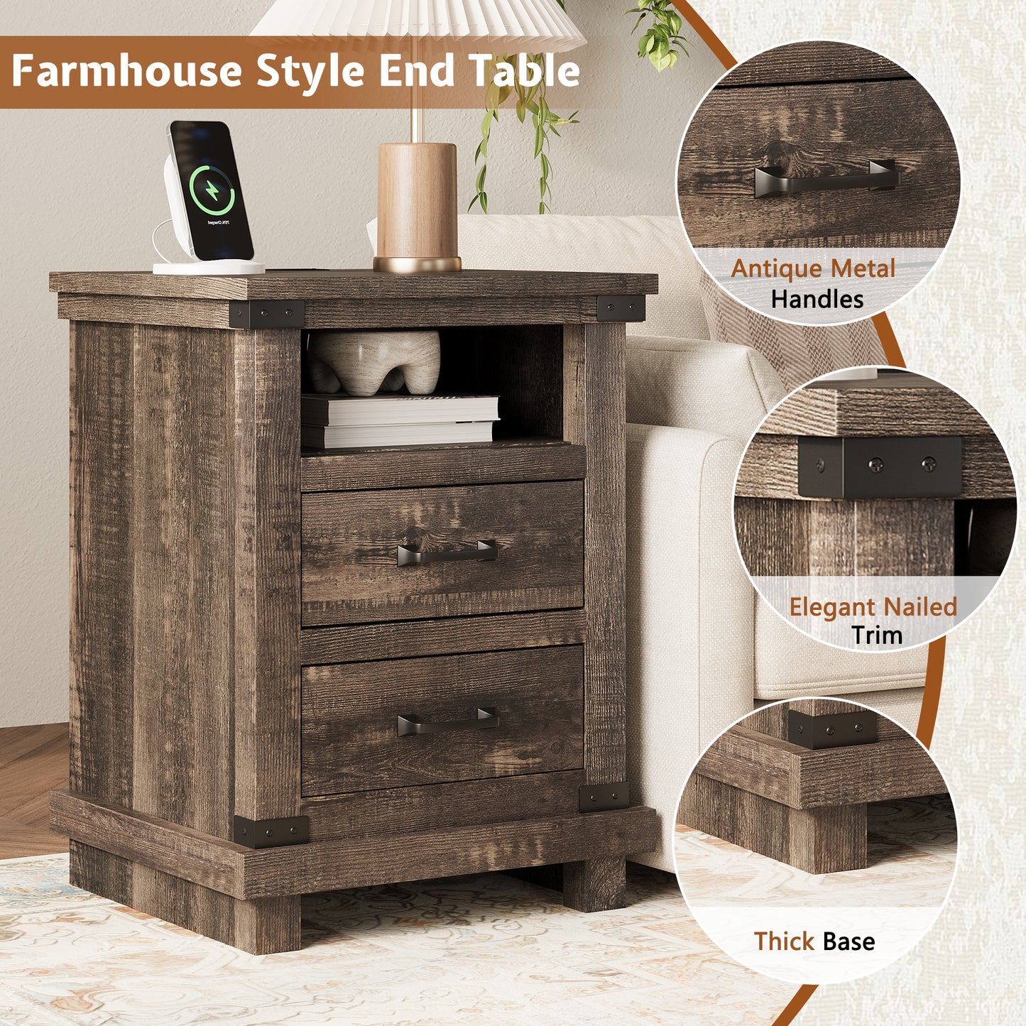 Lume Farmhouse Charging Nightstand Set Black Oak