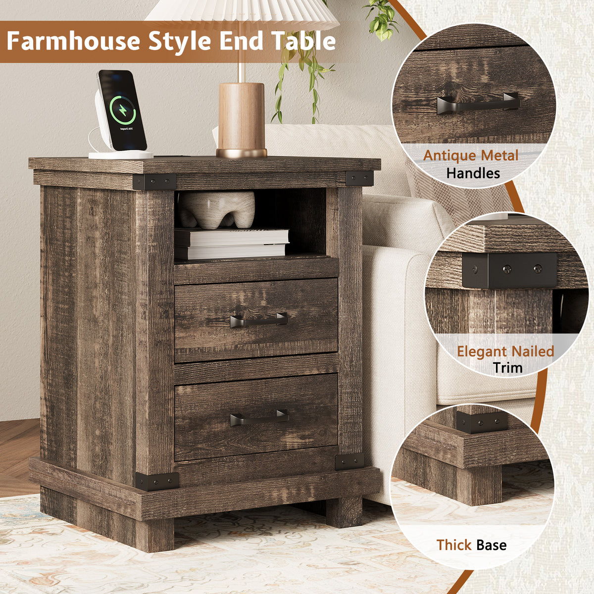 Lume Farmhouse Charging Nightstand Set Black Oak