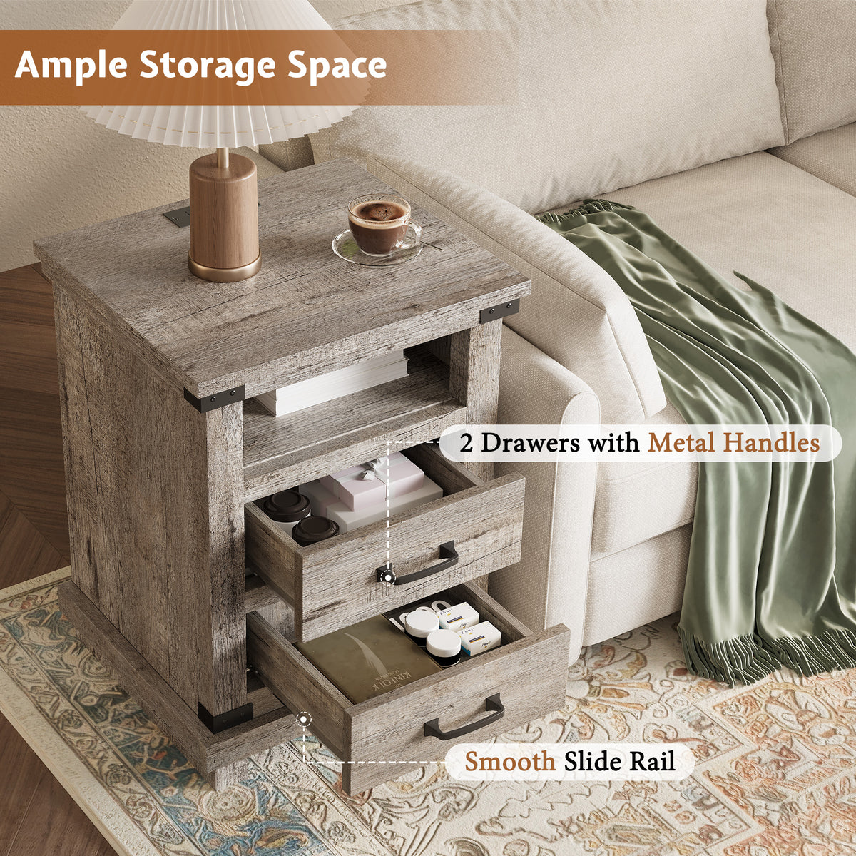 Lume Farmhouse Charging Nightstand Set Light Grey