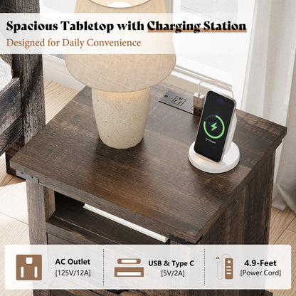 Lume Farmhouse Charging Nightstand Set Black Oak