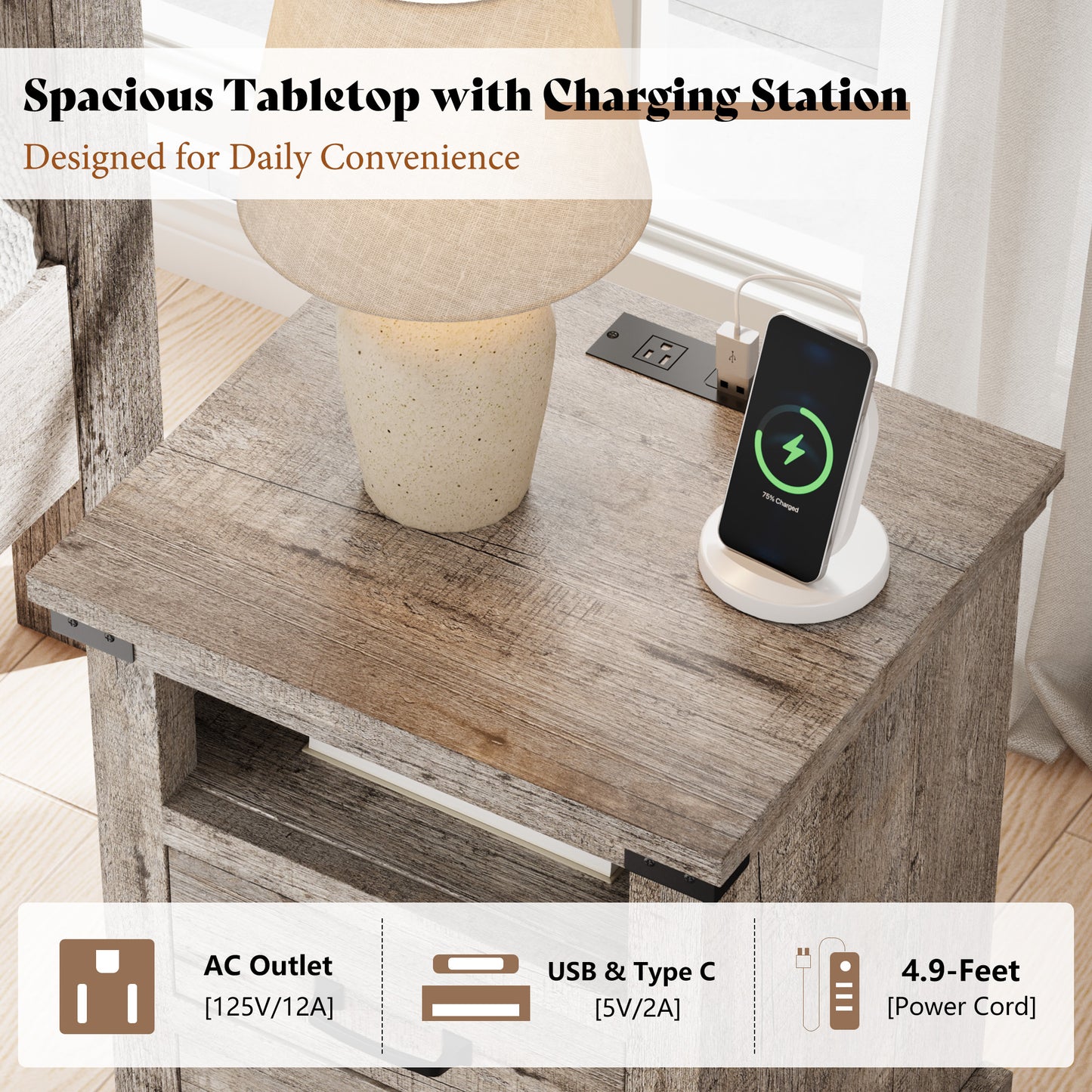 Lume Farmhouse Charging Nightstand Set Light Grey