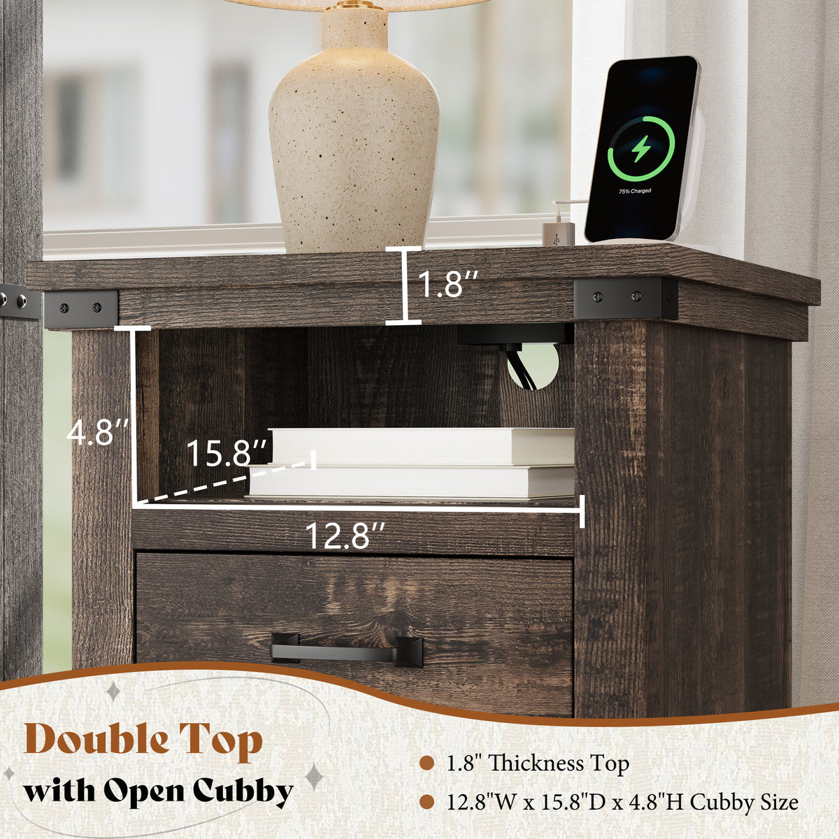Lume Farmhouse Charging Nightstand Set Black Oak