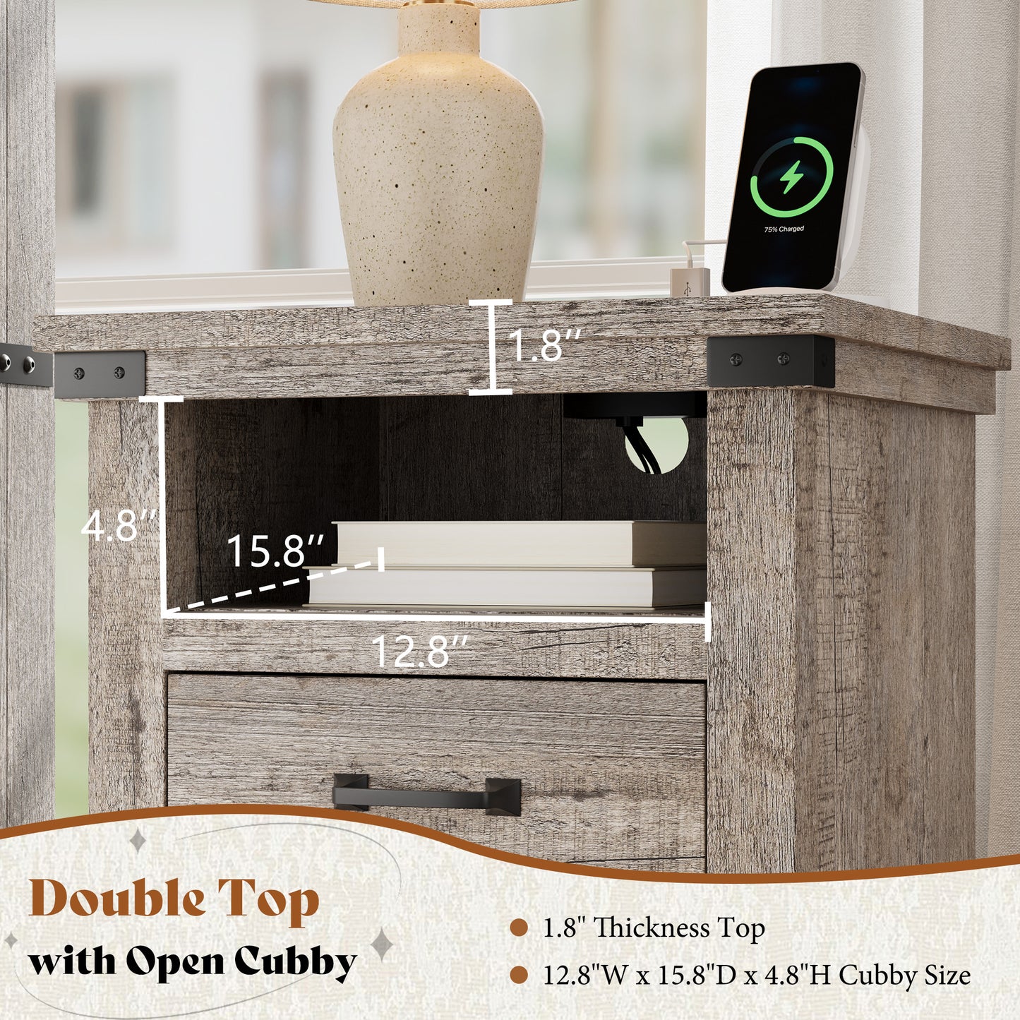 Lume Farmhouse Charging Nightstand Set Light Grey