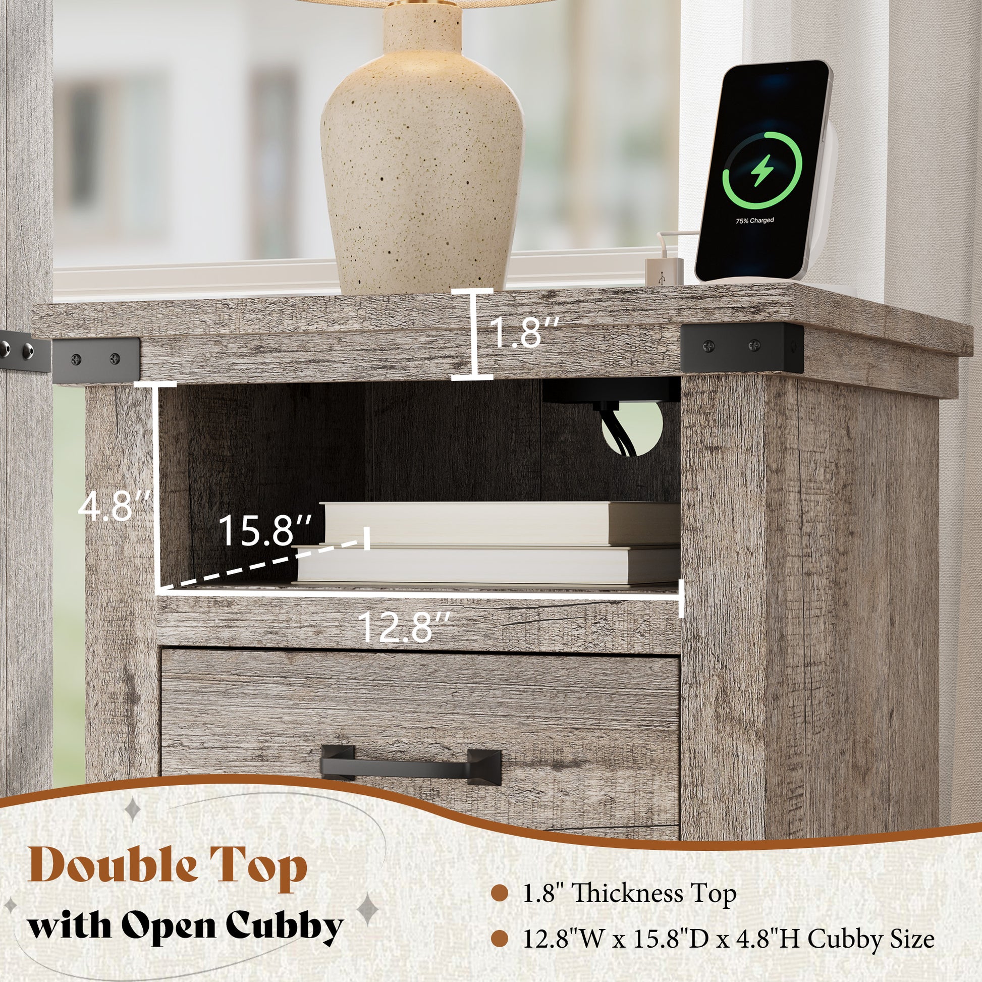 Lume Farmhouse Charging Nightstand Set Light Grey