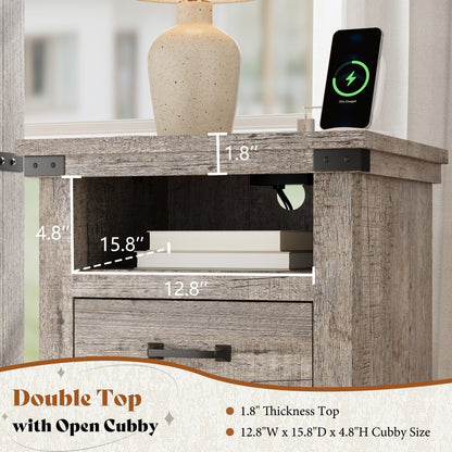 Lume Farmhouse Charging Nightstand Set Light Grey