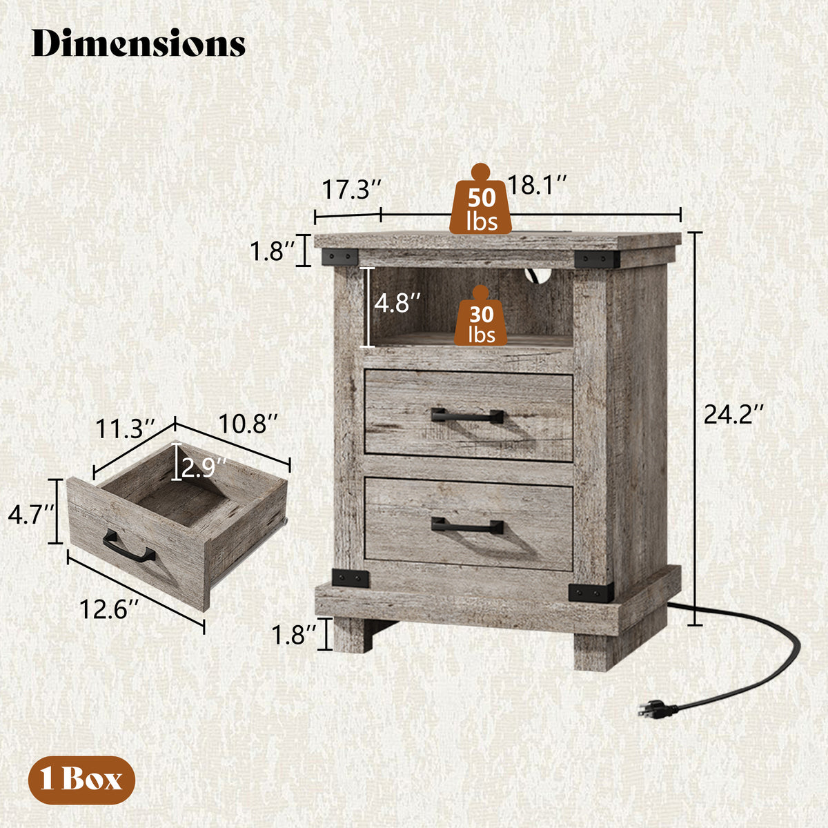 Lume Farmhouse Charging Nightstand Set Light Grey