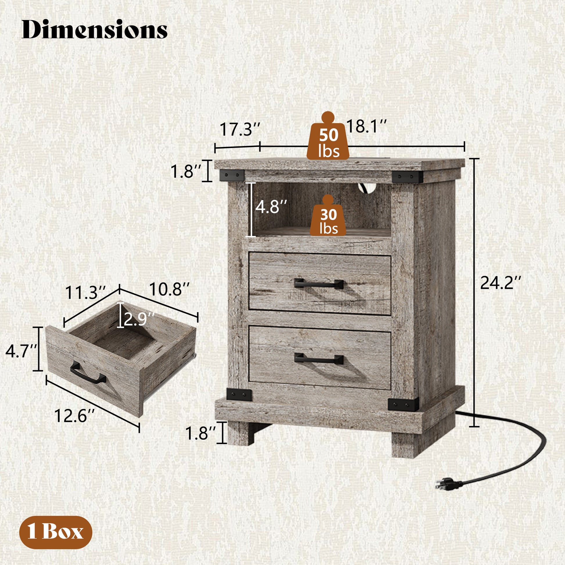 Lume Farmhouse Charging Nightstand Set Light Grey