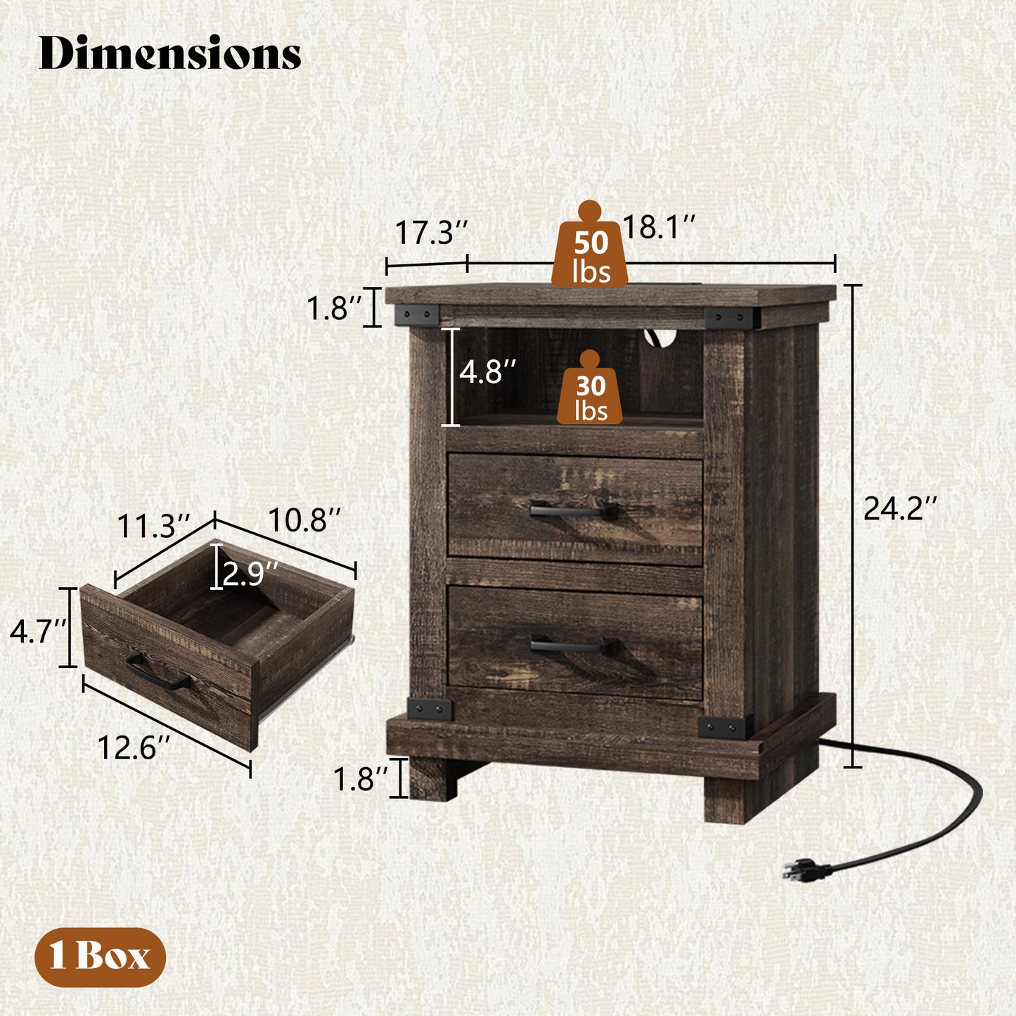 Lume Farmhouse Charging Nightstand Set Black Oak