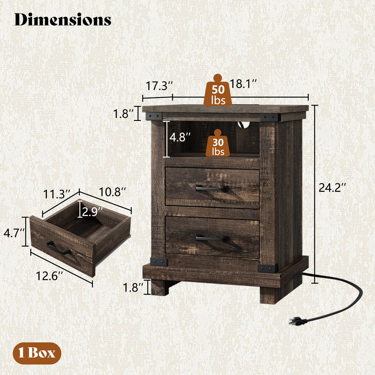 Lume Farmhouse Charging Nightstand Set Black Oak