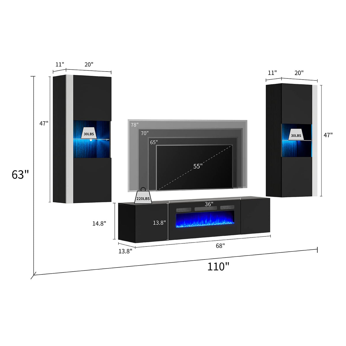 Photon Fireplace Wall Unit 68 " Black