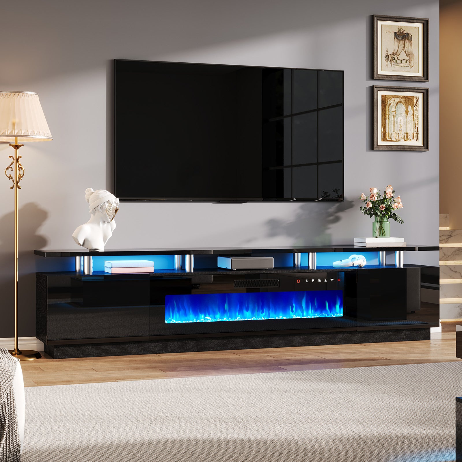 Sheer 90" Fireplace TV Stand Amerlife Black & Black
