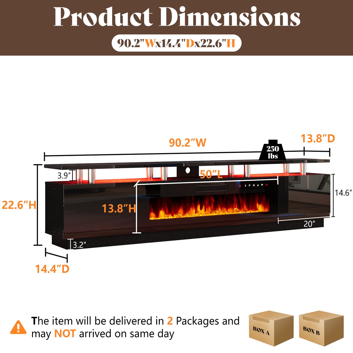 Sheer 90" Fireplace TV Stand Amerlife Black & Black