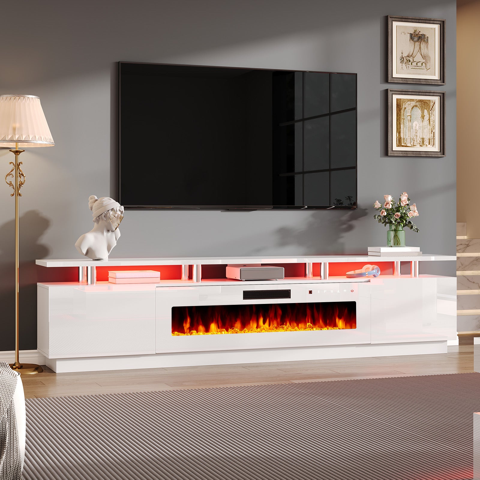 Sheer 90" Fireplace TV Stand Amerlife White & White