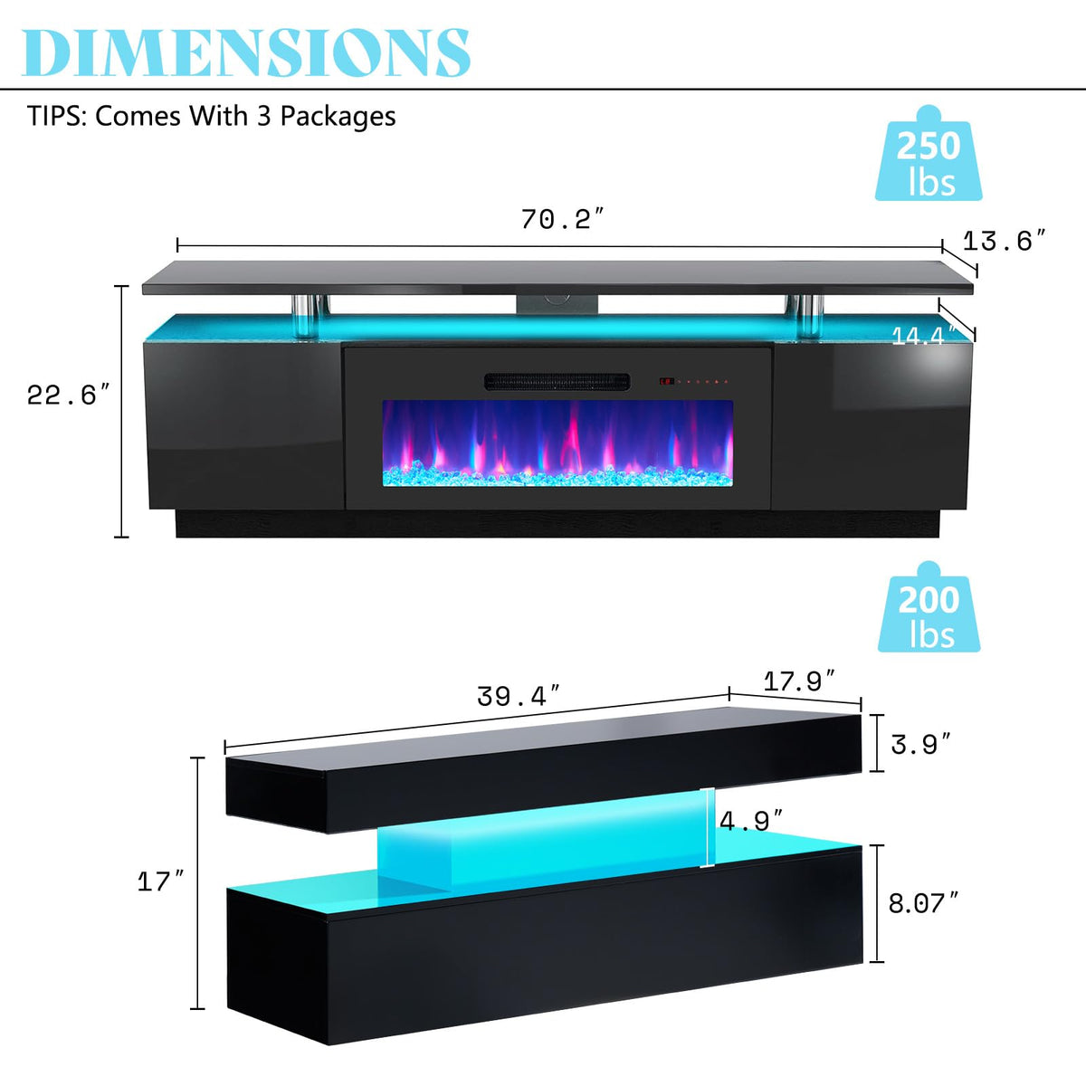 Sheer Modern 3-Piece Fireplace Table Set Black 70 "
