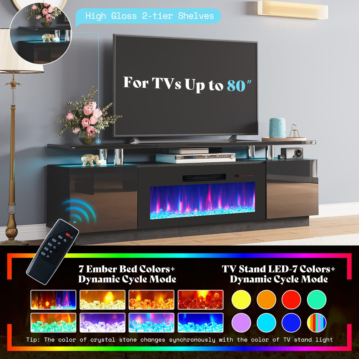 Sheer Modern 3-Piece Fireplace Table Set Black 70 "