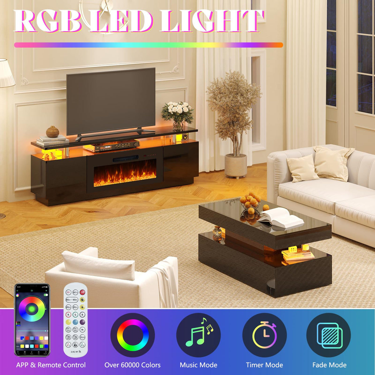 Sheer Modern 3-Piece Fireplace Table Set Black 70 "