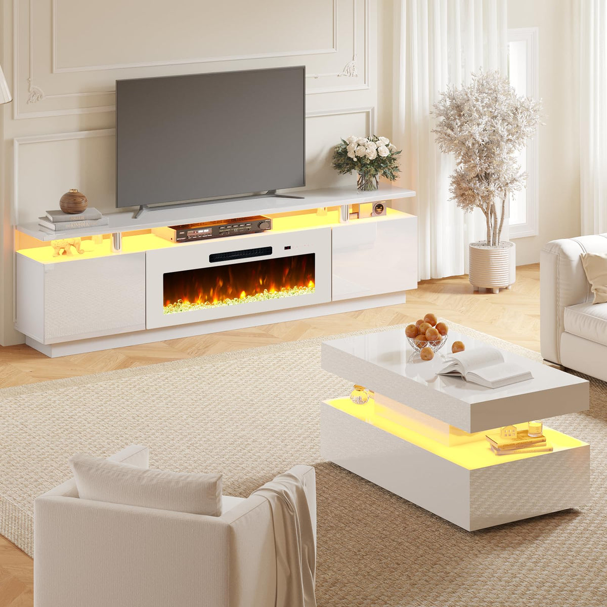 Sheer Modern 3-Piece Fireplace Table Set White 80 "