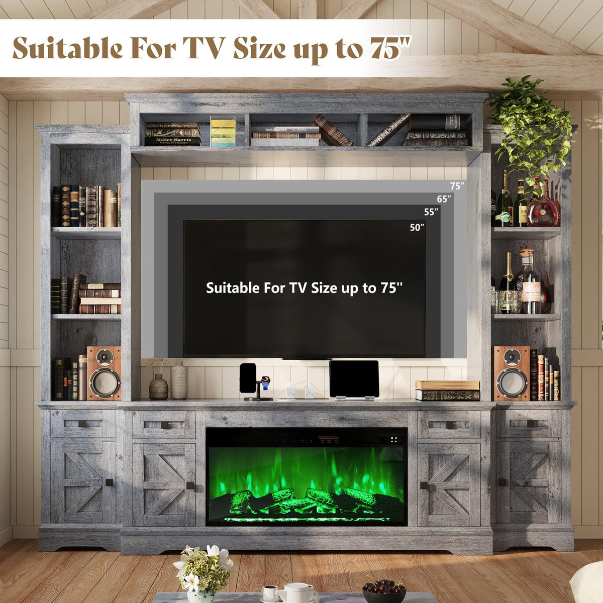 Silo Farmhouse Fireplace Entertainment Center Amerlife Grey
