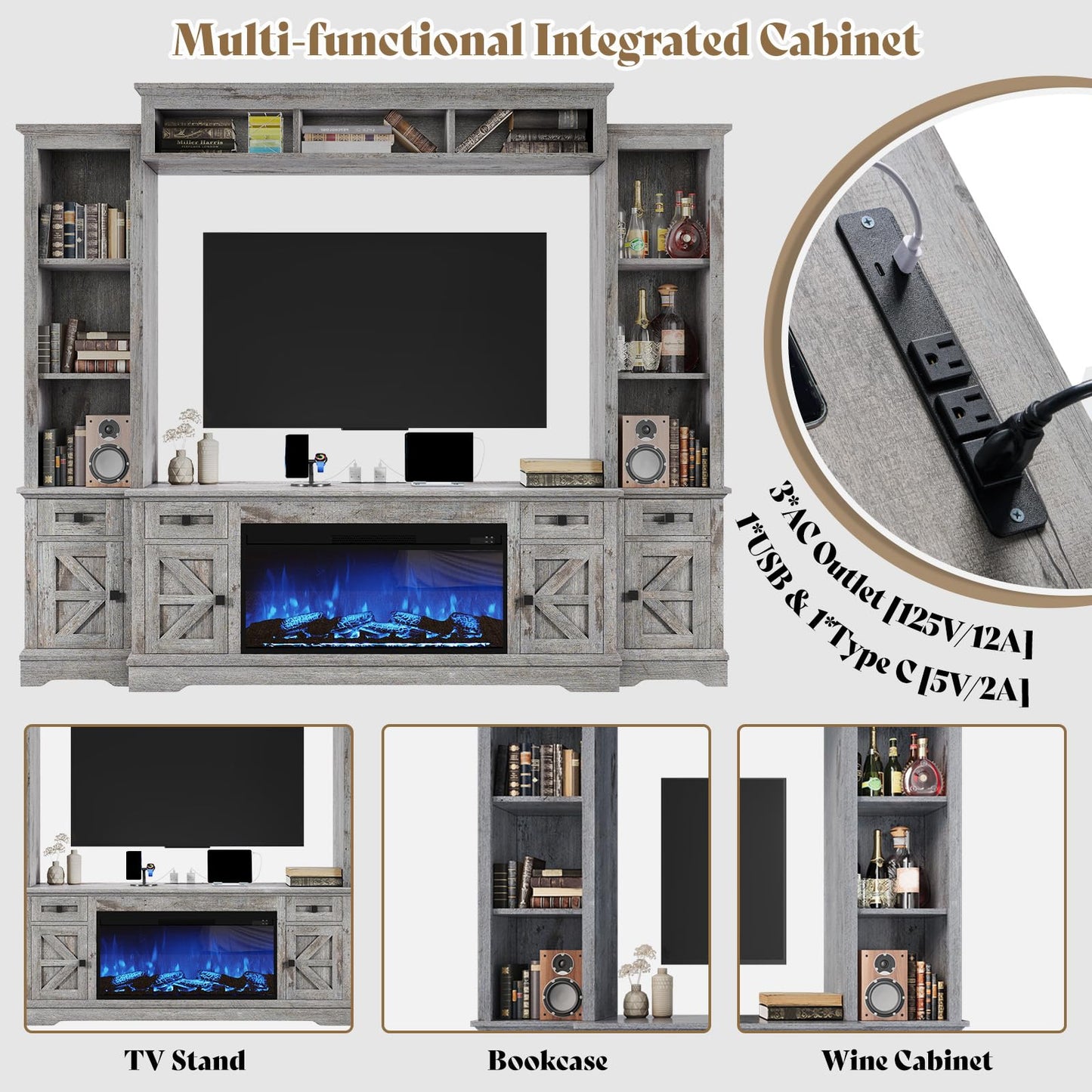 Silo Farmhouse Fireplace Entertainment Center Amerlife Grey