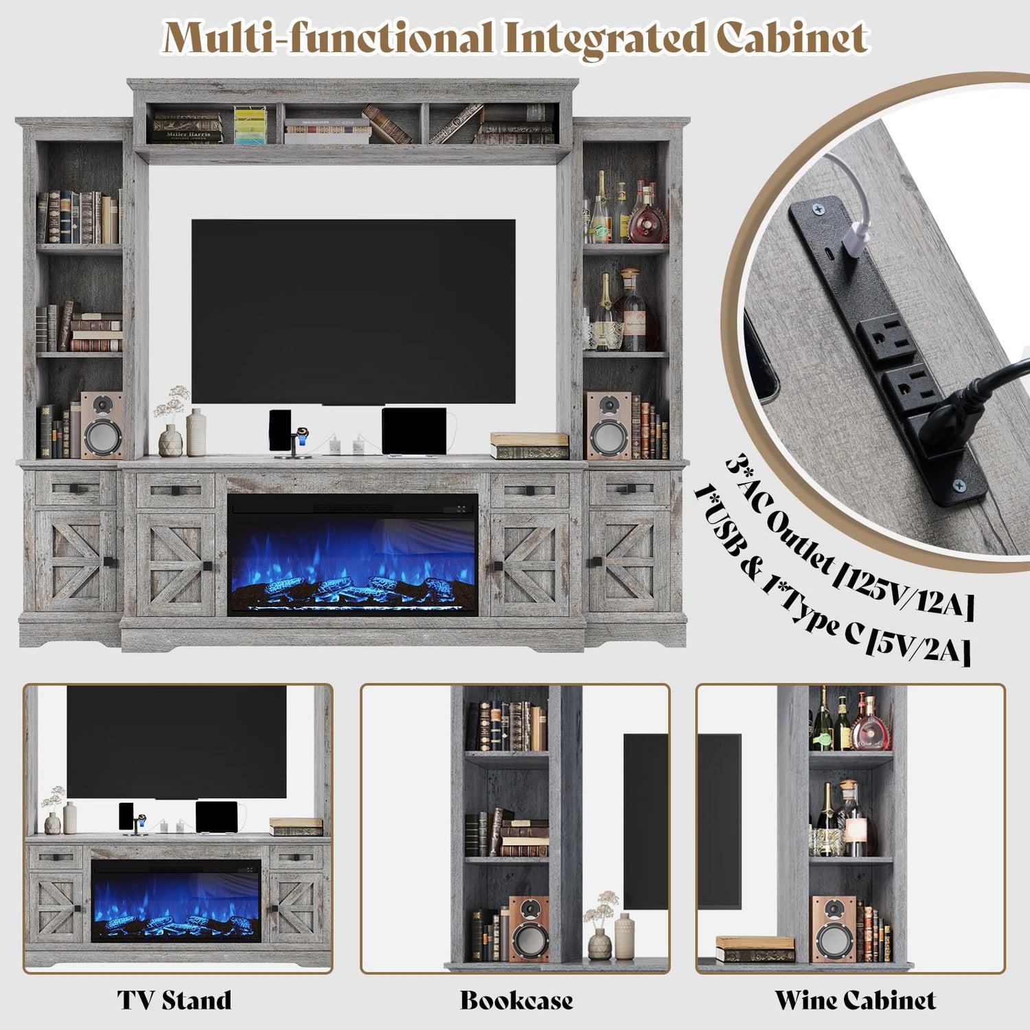 Silo Farmhouse Fireplace Entertainment Center Amerlife Grey