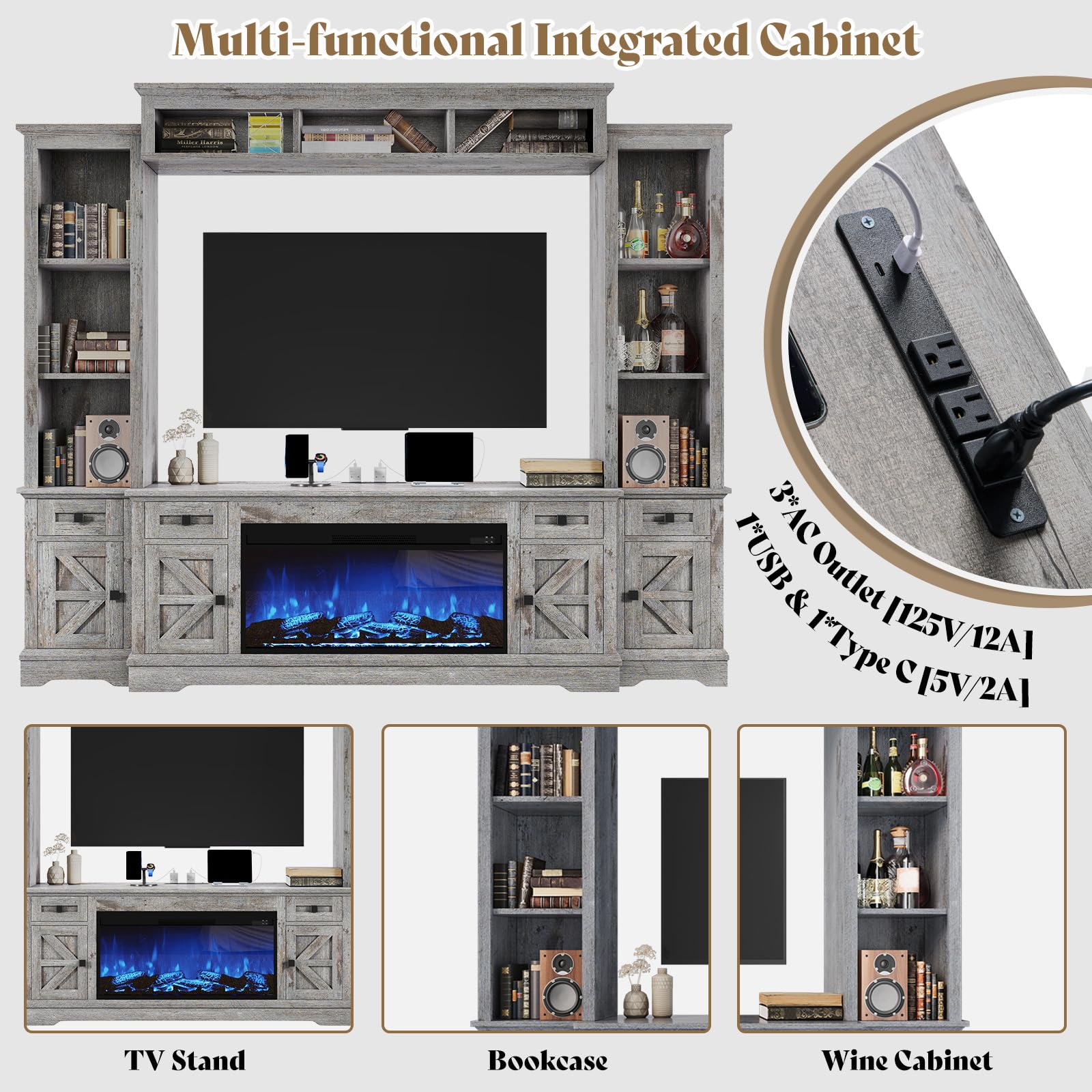 Silo Farmhouse Fireplace Entertainment Center Amerlife Grey