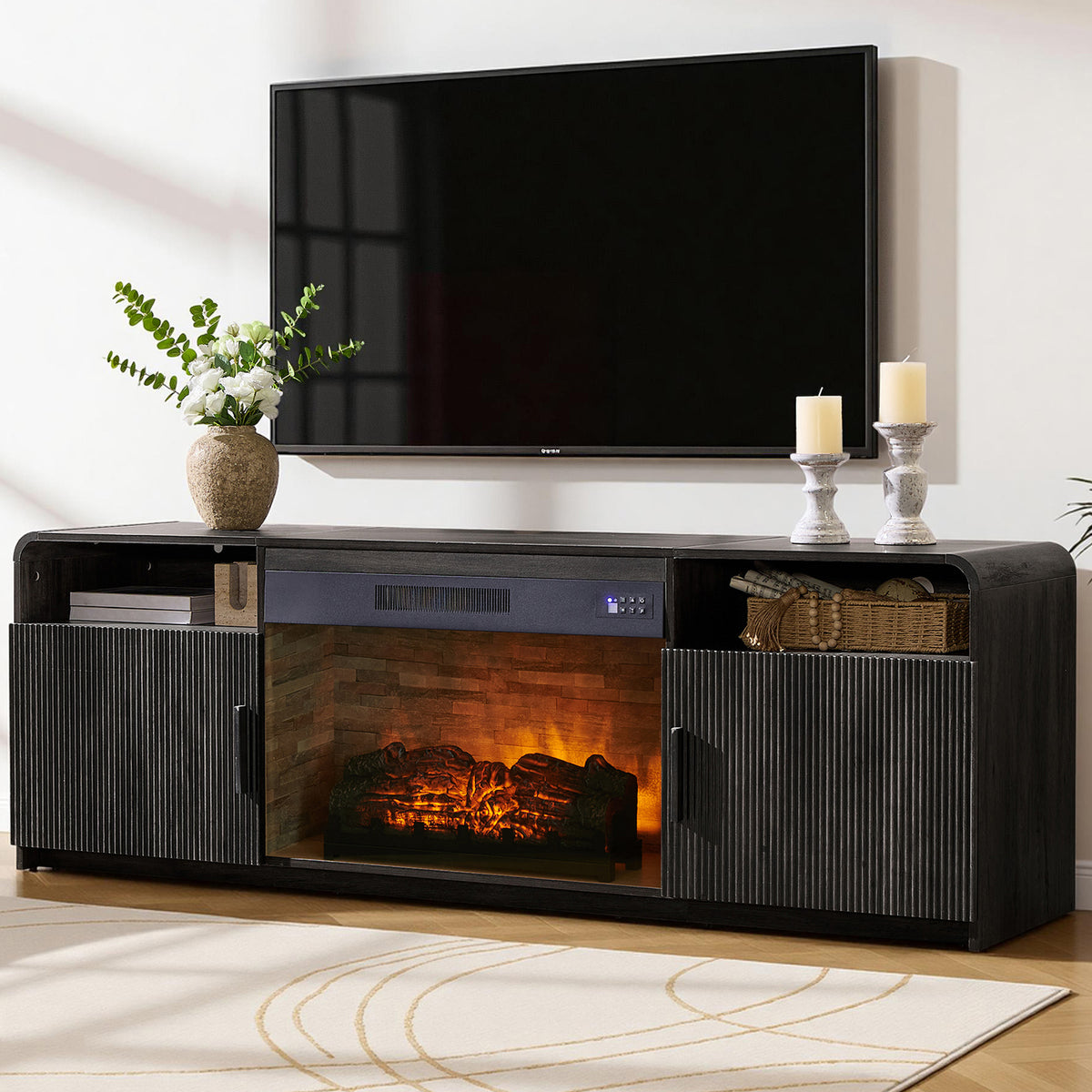 70-Inch Fluted Fireplace TV Stand Amerlife Black