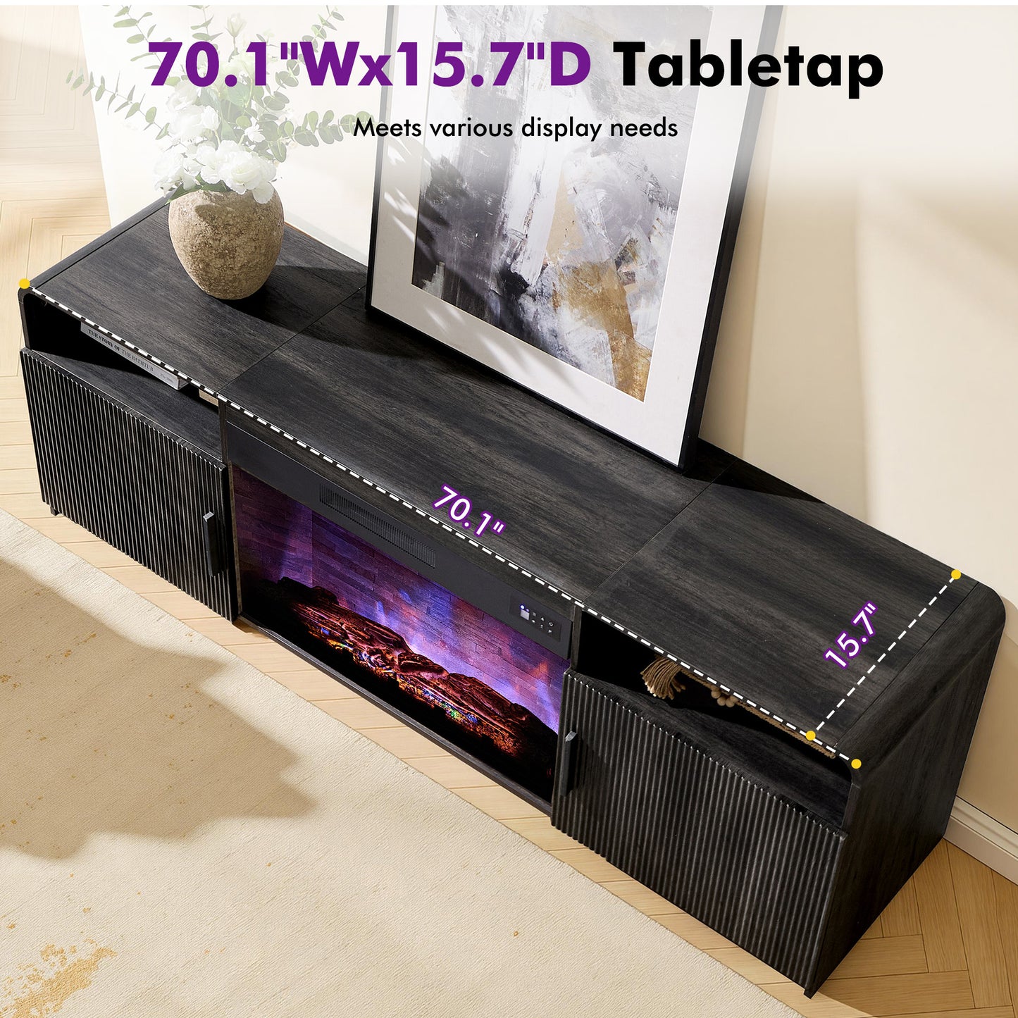 70-Inch Fluted Fireplace TV Stand Amerlife Black