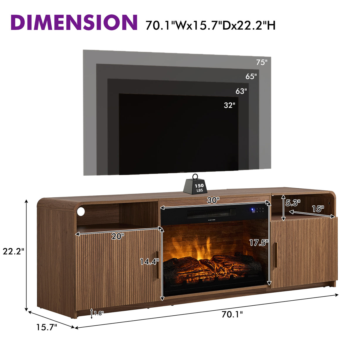 70-Inch Fluted Fireplace TV Stand Amerlife Brown