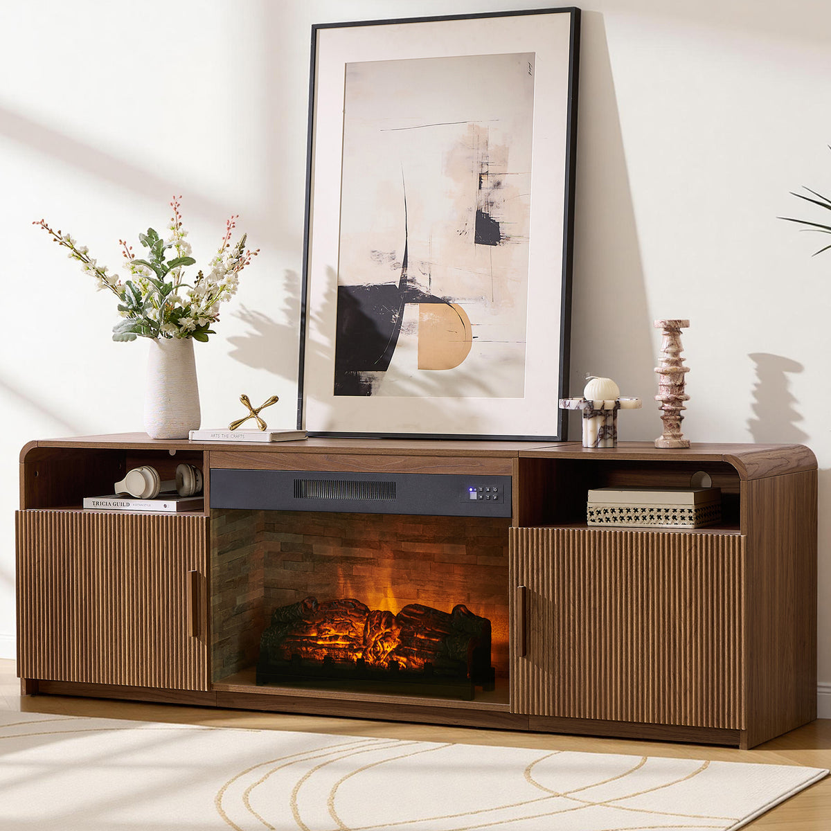 70-Inch Fluted Fireplace TV Stand Amerlife Brown