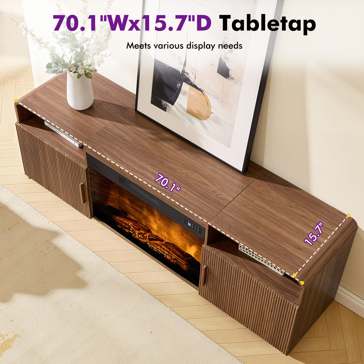 70-Inch Fluted Fireplace TV Stand Amerlife Brown