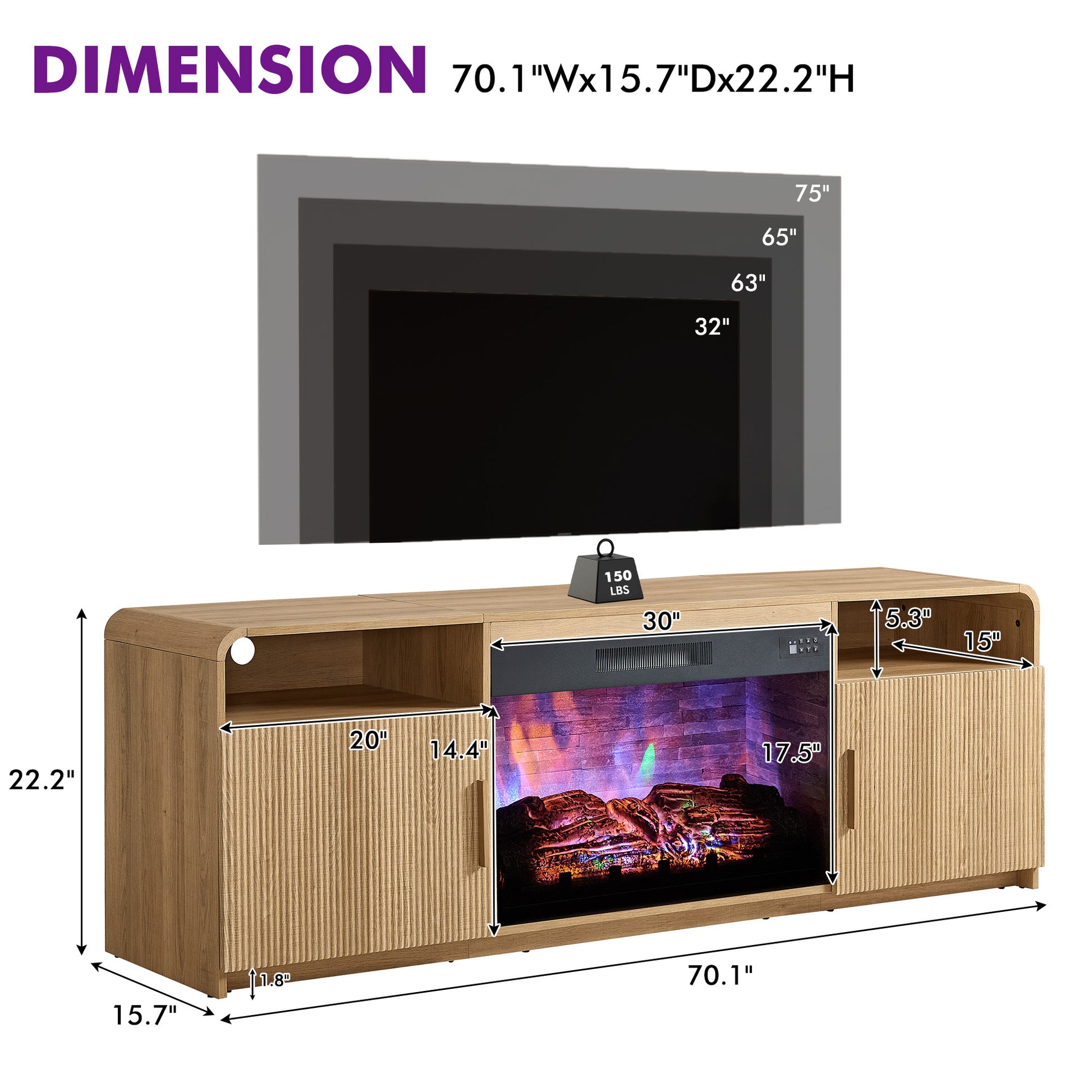 70-Inch Fluted Fireplace TV Stand Amerlife Natural Oak