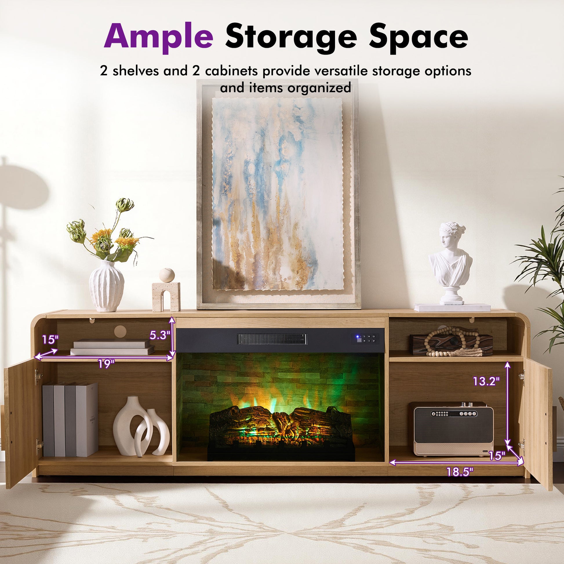 70-Inch Fluted Fireplace TV Stand Amerlife Natural Oak