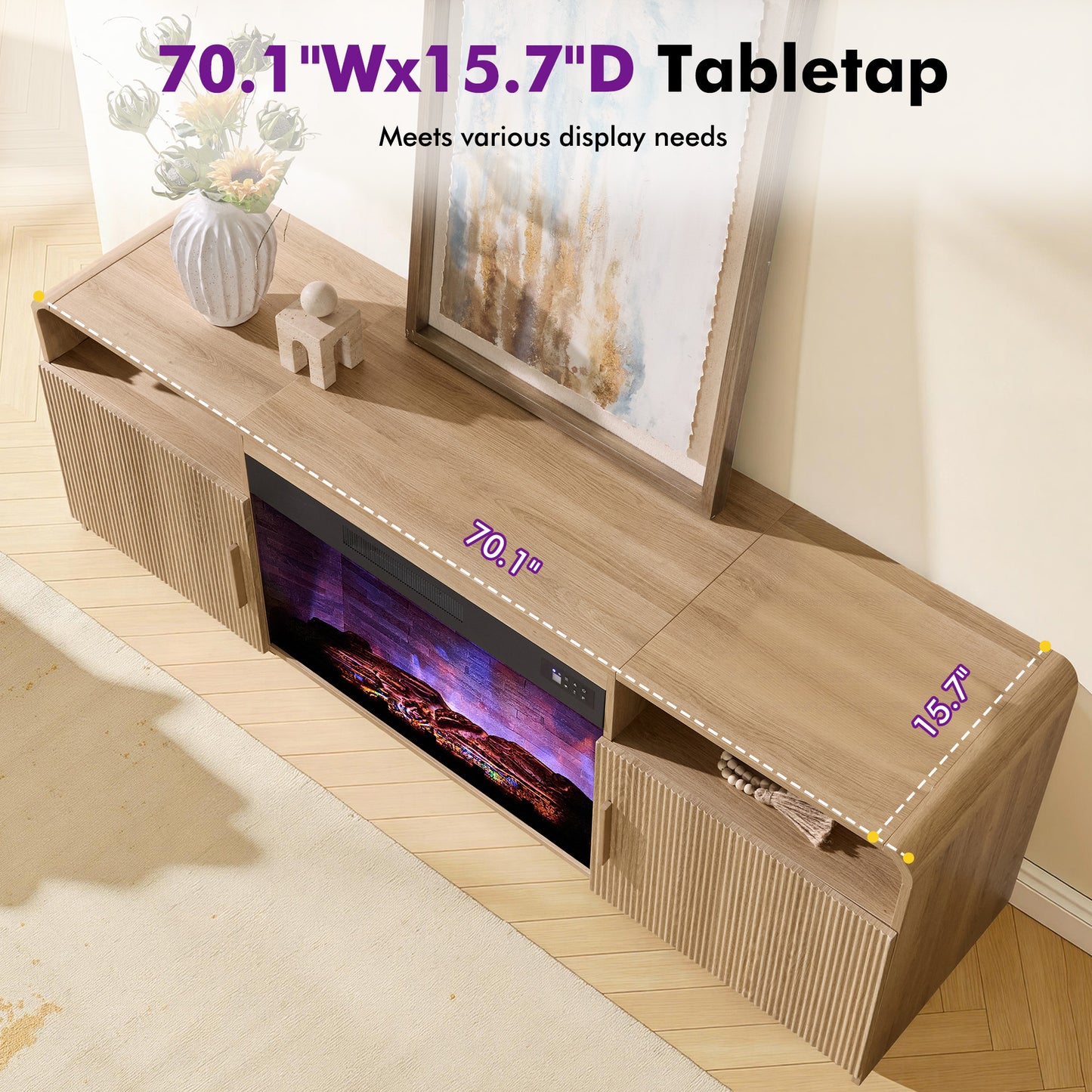 70-Inch Fluted Fireplace TV Stand Amerlife Natural Oak