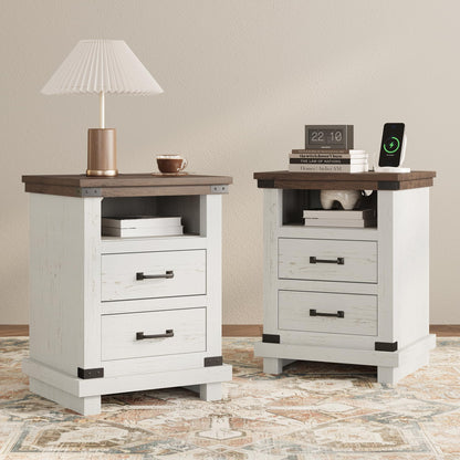 Lume Farmhouse Charging Nightstand Set Antique White
