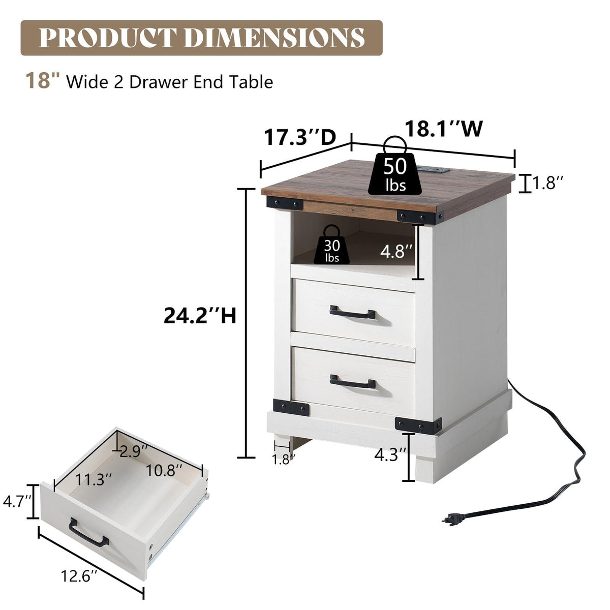 Lume Farmhouse Charging Nightstand Set Antique White