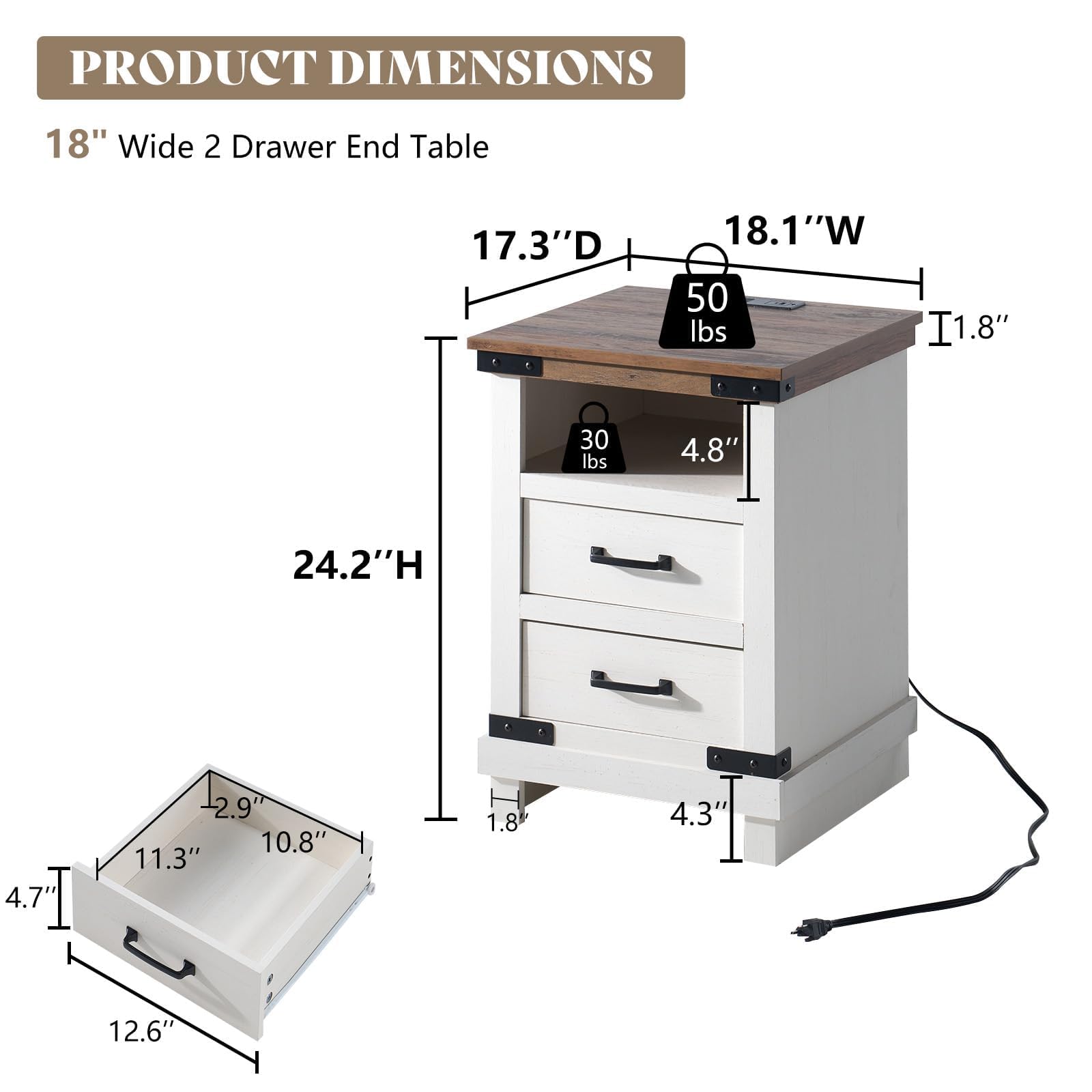 Lume Farmhouse Charging Nightstand Set Antique White
