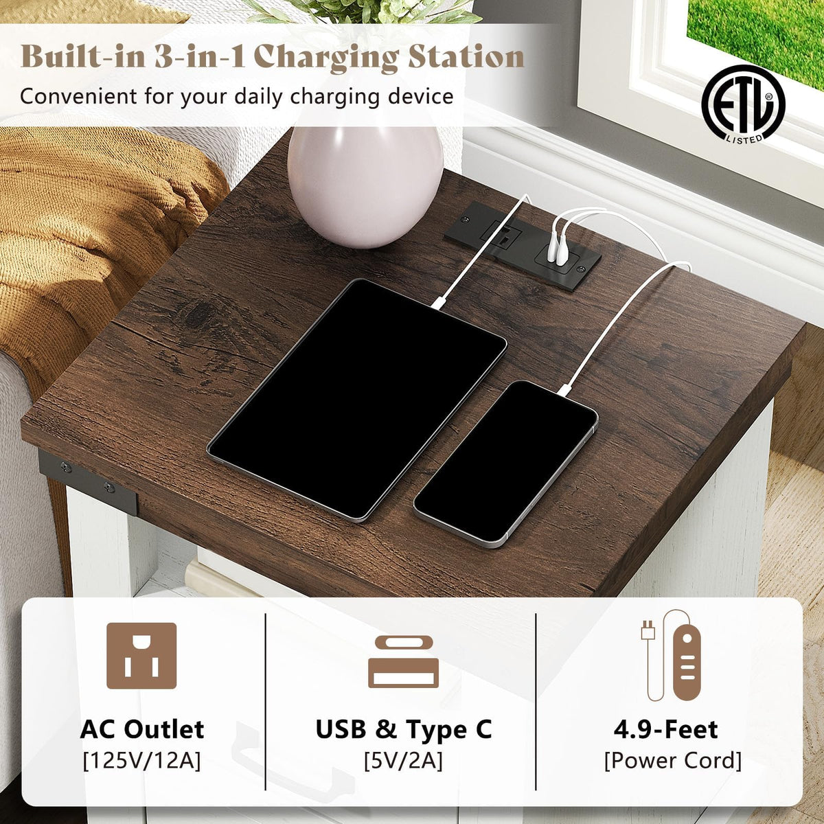 Lume Farmhouse Charging Nightstand Set Antique White