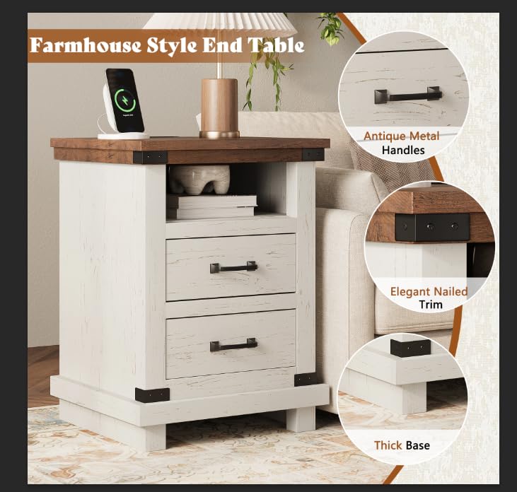 Lume Farmhouse Charging Nightstand Set Antique White