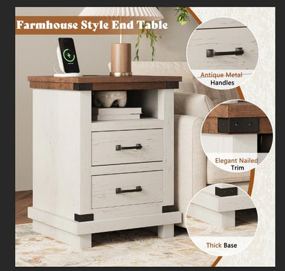 Lume Farmhouse Charging Nightstand Set Antique White