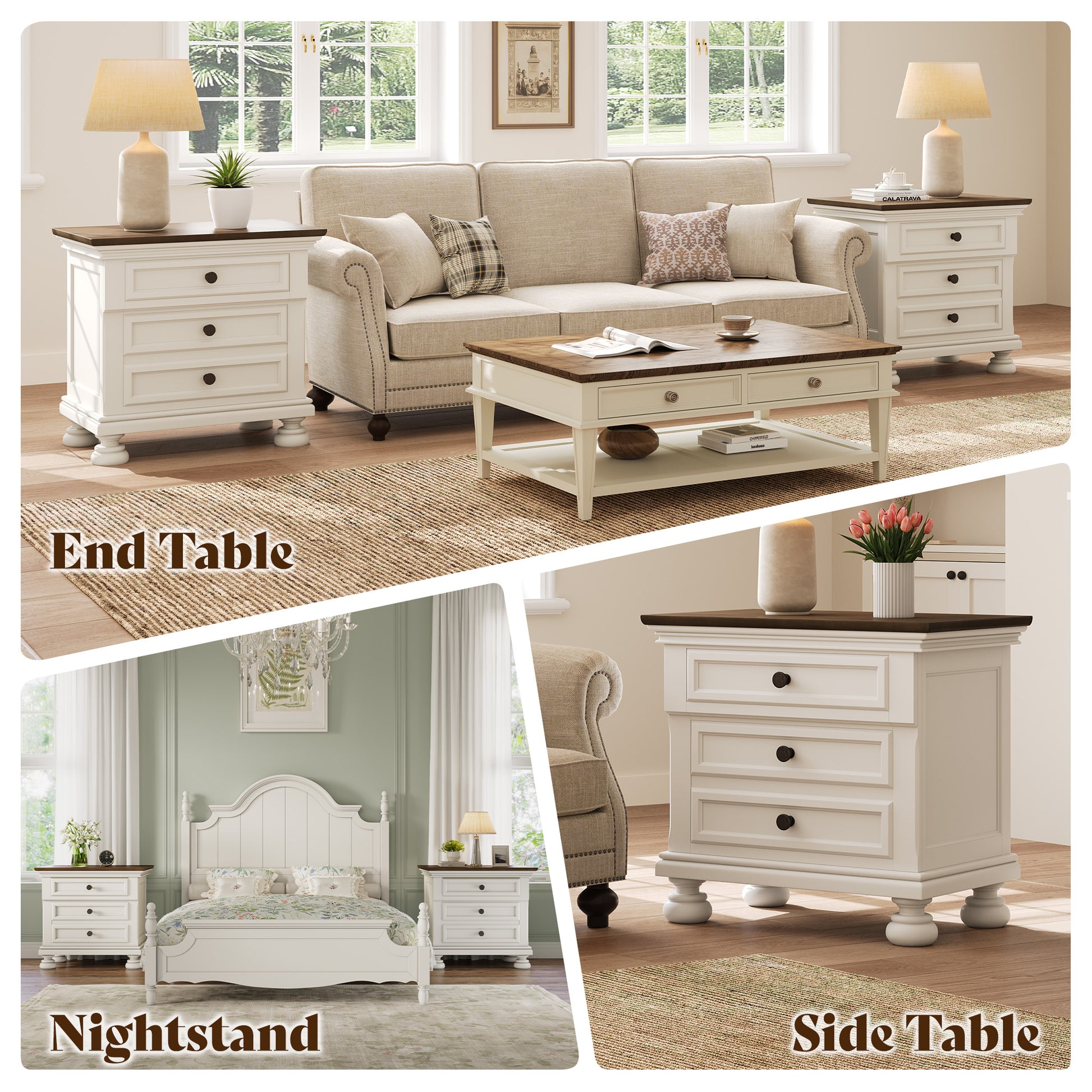 Bobbin Solid Wood Nightstand Amerlife White