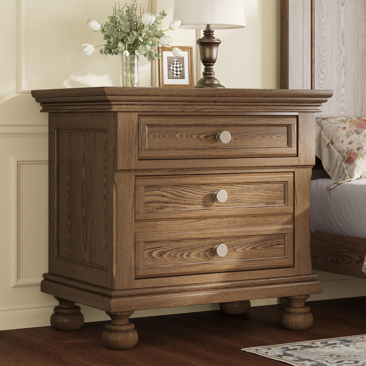 Bobbin Solid Wood Nightstand Amerlife Light Brown