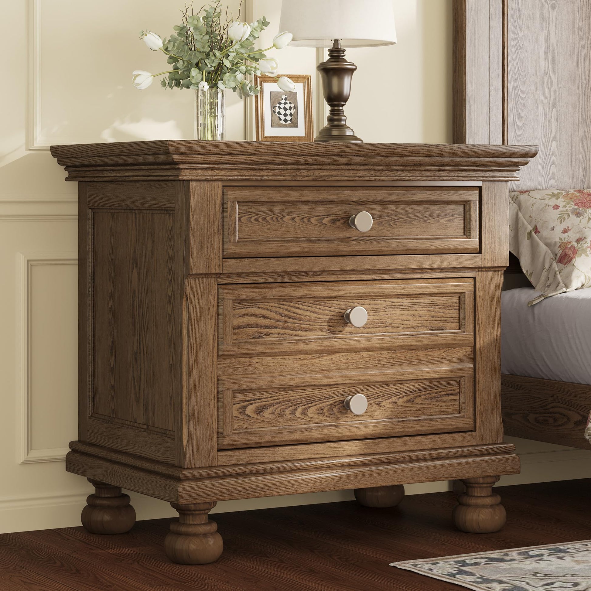 Bobbin Solid Wood Nightstand Amerlife Light Brown