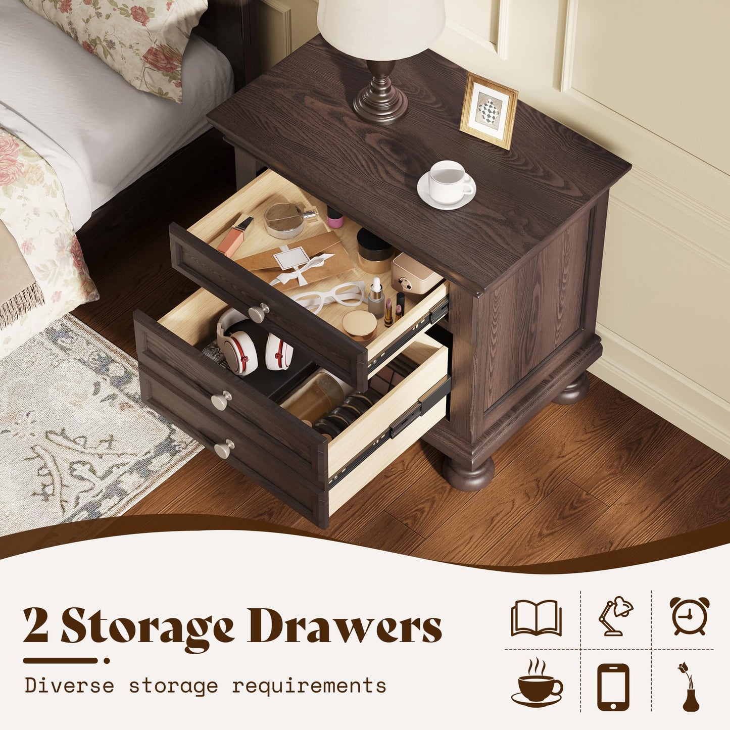 Bobbin Solid Wood Nightstand Amerlife Brown